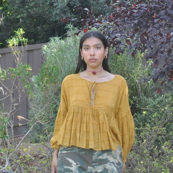 Free People Yellow Wide Cropped Flare Keyhole Top- S - Picture 1 of 8